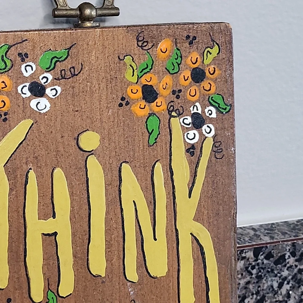 VTG Hand Painted Wood Wall Plaque THINK THIN‎ Signed REVA Folk Decor Cottagecore
